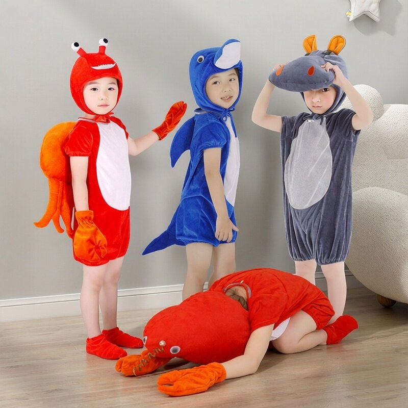 幼儿园海洋主题衣服环保走秀亲子装夏短袖海豚表演服企鹅螃蟹河马
