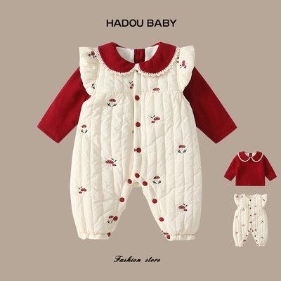 婴儿背带裤套装秋冬季夹棉衣服保暖幼儿女宝宝棉服冬装加绒棉袄