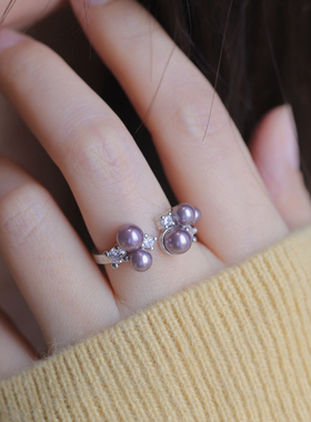 甜美紫色仿珍珠开口戒指女小众
