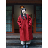 笙歌 听花香色织高密精棉夹棉长款 复古棉服中国红宽松气质棉袍