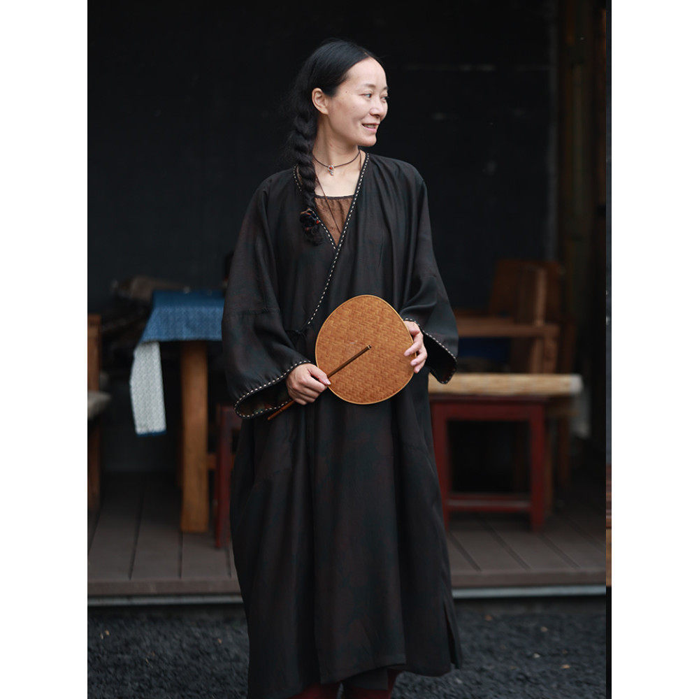 国色/听花香 夏 珍珠缎双面穿香云纱开衫  百搭长款袍子 - 实物图