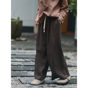 秋分 深咖/听花香盐缩砂洗生态亚麻阔腿裤宽松休闲打叠穿打底长裤