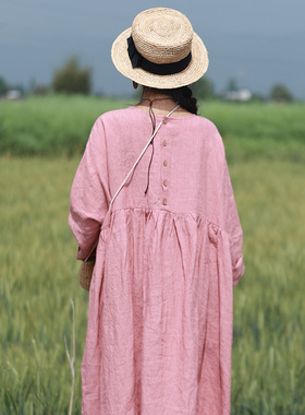 秋野 /听花香 色织亚麻文艺温柔袍子 前后两穿长款连衣裙