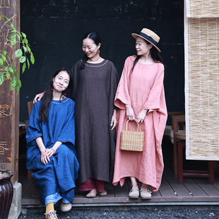 五行/听花香 夏 生态汉麻袍子禅意宽松长袍茶服亚麻连衣裙