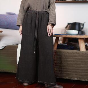吃茶/听花香柞蚕丝疙瘩绸双面穿禅意复古宽松阔腿裤长裤子秋冬
