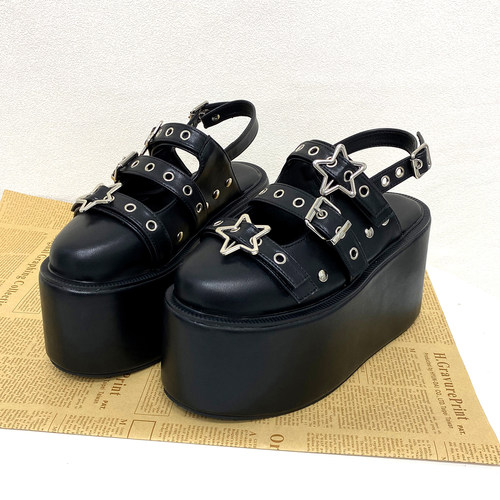 普普家 2026LOLITA鞋朋克圆头皮带扣星星装饰松糕厚底半拖L688