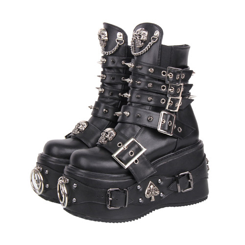 普普家2025新品经典秋冬哥特风朋克靴鞋底装饰重工系带短筒靴Q478