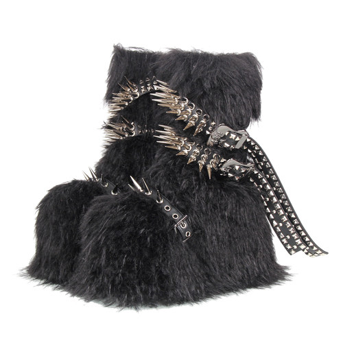 普普家 2025新品PUNK朋克皮带扣铆钉装饰松糕厚底毛毛中筒靴Q502