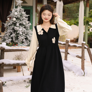 大码百分百女装微胖mm冬季V领撞色花朵柔软针织伞摆连衣裙