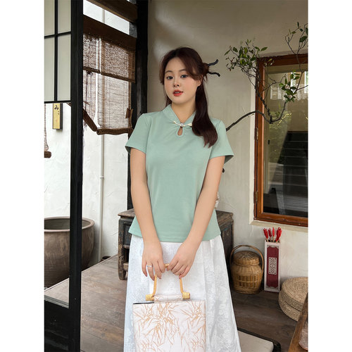 大码百分百女装新款夏季微胖mm【国风T恤】新中式水滴领多色上衣