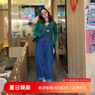 大码百分百/减龄2024年春季新款女装胖mm显瘦宽松直筒牛仔背带裤