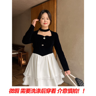 大码百分百女装微胖2024早春新款显瘦挂脖连衣裙丝绒礼服年会裙