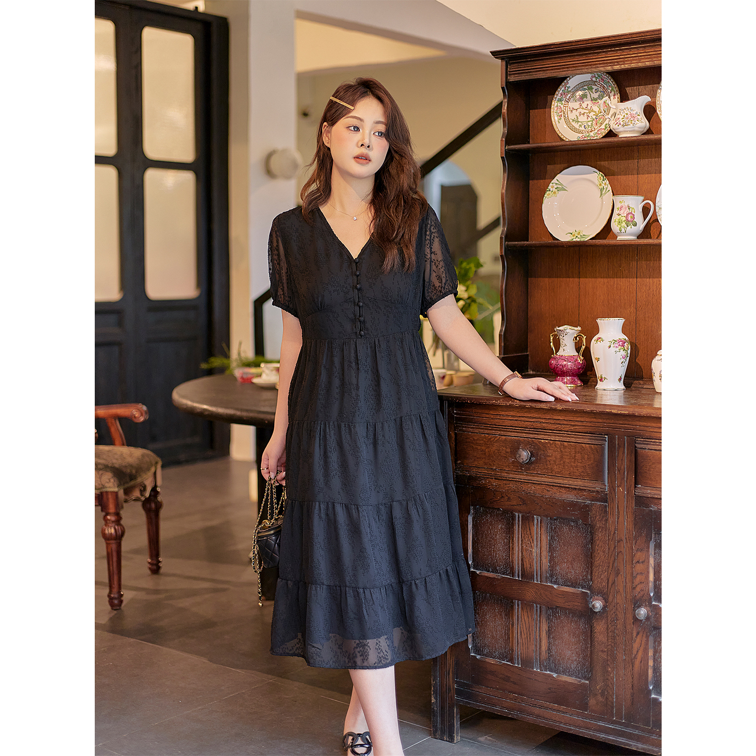 大码百分百女装夏季微胖mm【V领连衣裙】肌理提花简约雪纺连衣裙