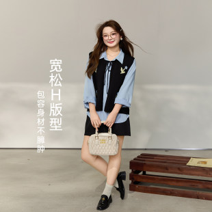 大码 甜美撞色花朵宽松系带叠穿针织马甲 百分百女微胖mm春季