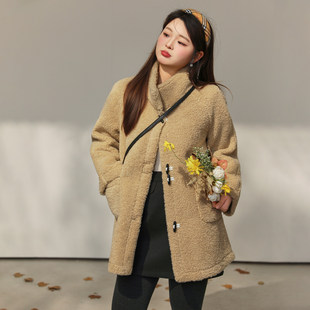 大码百分百女装微胖mm新款休闲宽松咖色中长款羊羔毛厚外套