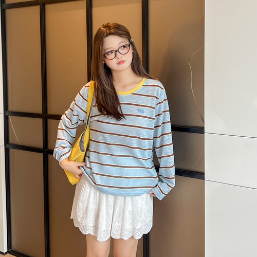 大码百分百女装秋季微胖mm显瘦百搭圆领长袖条纹撞色领T恤