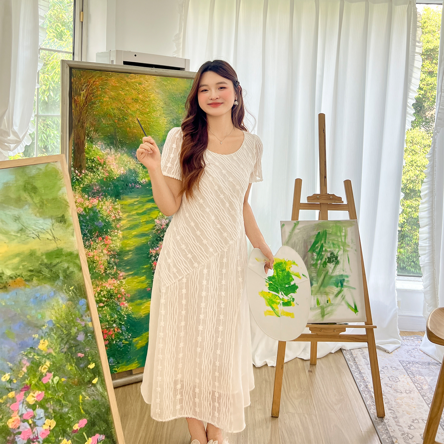 大码百分百女装夏季微胖mm遮肉显瘦散摆蕾丝拼接圆领连衣裙长裙子