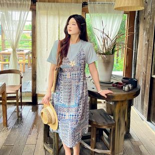 大码 胖mm波西米亚休闲百搭宽松假两件连衣裙长裙子 百分百女装 夏季