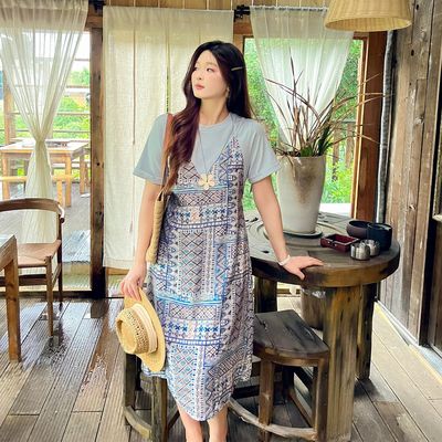 大码百分百女装夏季胖mm波西米亚休闲百搭宽松假两件连衣裙长裙子