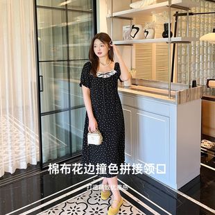 大码 赫本风撞色花边拼接方领裙子波点连衣裙 百分百夏女装 胖mm法式