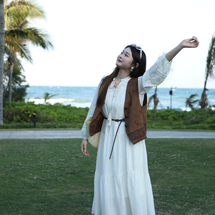 大码百分百女装微胖mm2026春季复古气质叠穿V领印花麂皮马甲