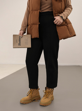 大码百分百微胖mm女装冬高腰保暖磨毛萝卜裤九分针织休闲裤