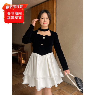 大码百分百女装微胖2024早春新款显瘦挂脖连衣裙丝绒礼服年会裙