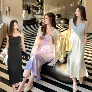 大码百分百女装秋季微胖mm法式气质A版吊带裙显瘦醋酸连衣裙