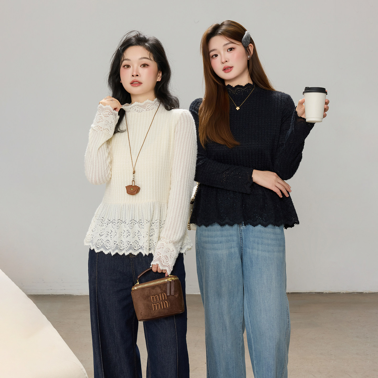 大码百分百女装微胖mm冬季花边立领针织条纹修身蕾丝打底衫