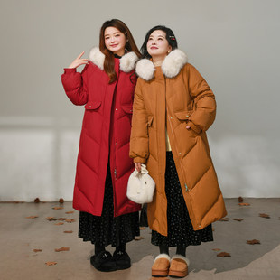 【清仓特价】大码百分百女装微胖mm冬长款大毛领连帽插肩袖羽绒服