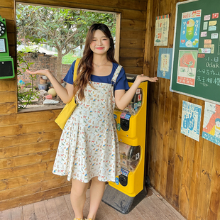 大码百分百女装夏季微胖mm显瘦百搭可爱印花牛仔背带连衣裙裙子