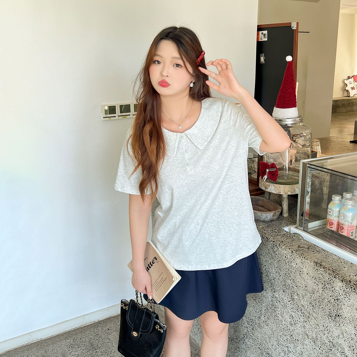 大码百分百女装夏季胖mm甜美娃娃领正肩T恤弹力针织POLO衫上衣