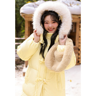 大码百分百女装微胖mm防风直筒中长款毛领连帽羽绒服外套