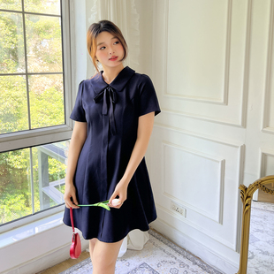 连衣裙长裙子 大码 百分百女装 夏季 微胖mm显瘦miu系娃娃领飘带A字版