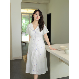 宽松娃娃领撞色碎花a字连衣裙子 大码 百分百女装 夏季 微胖mm长短版