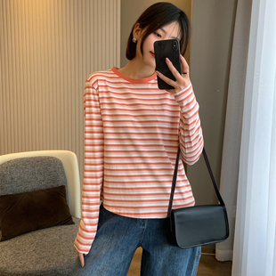 美国单~2025新款纯棉圆领长袖条纹T恤体恤打底衫上衣女装显瘦内搭