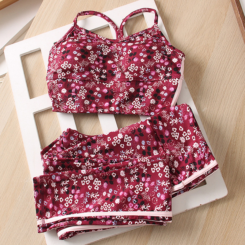 满印碎花 美背微信 紧身长裤运动女瑜伽套装  两件套装