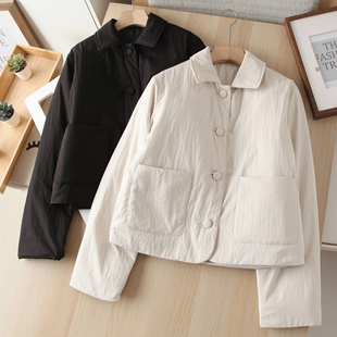 性价比单品~气质翻领 双口袋单排扣简约短款薄款棉服外套女秋冬新