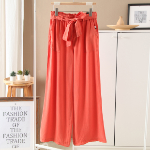 走老美 女 100莱赛尔百搭垂感显瘦系带花苞腰阔腿休闲裤