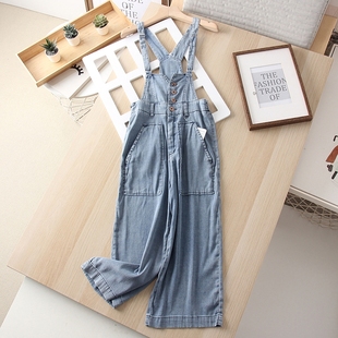 天丝牛仔背带裤女直筒裤高腰夏季薄款阔腿冰丝休闲连体吊带七分裤