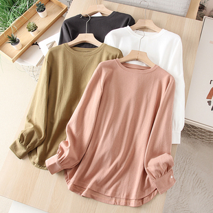 包邮~自留三件！强捻棉纱设计感衬衫袖宽松圆领长袖T恤打底衫女装