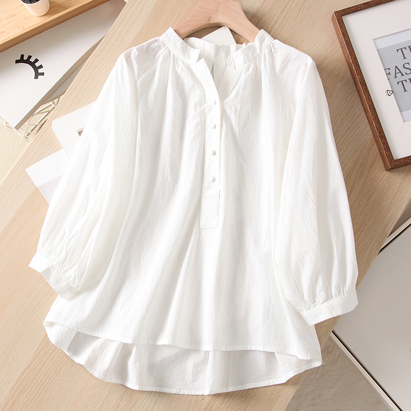 法式套头V领宽松七分袖衬衫女