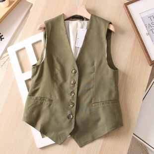 女马夹背心 复古亚麻透气舒适V领单排扣军绿色西装 时尚 英伦风
