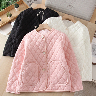 宽松加厚小棉服胖MM2025秋冬季女士新款V领钉扣菱格棉衣大码外套