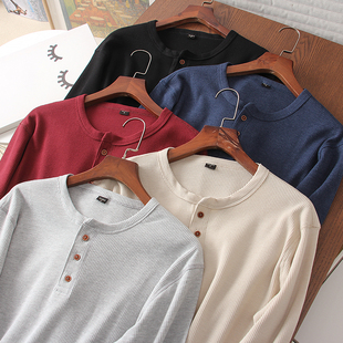 家属福利~捡漏亨利领+hua夫格！美式休闲长袖T恤直筒百搭打底上衣