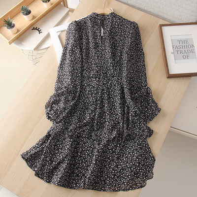 黑底碎花长袖双层雪纺连衣裙女