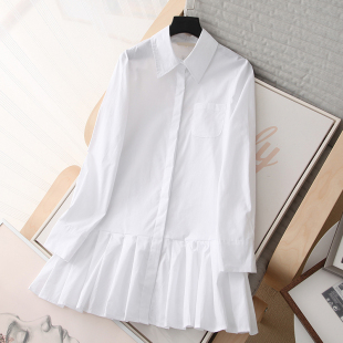 翻领衬衫 百褶边中长款 2025新款 宽松单排纽扣 女衬衣 韩版 长袖