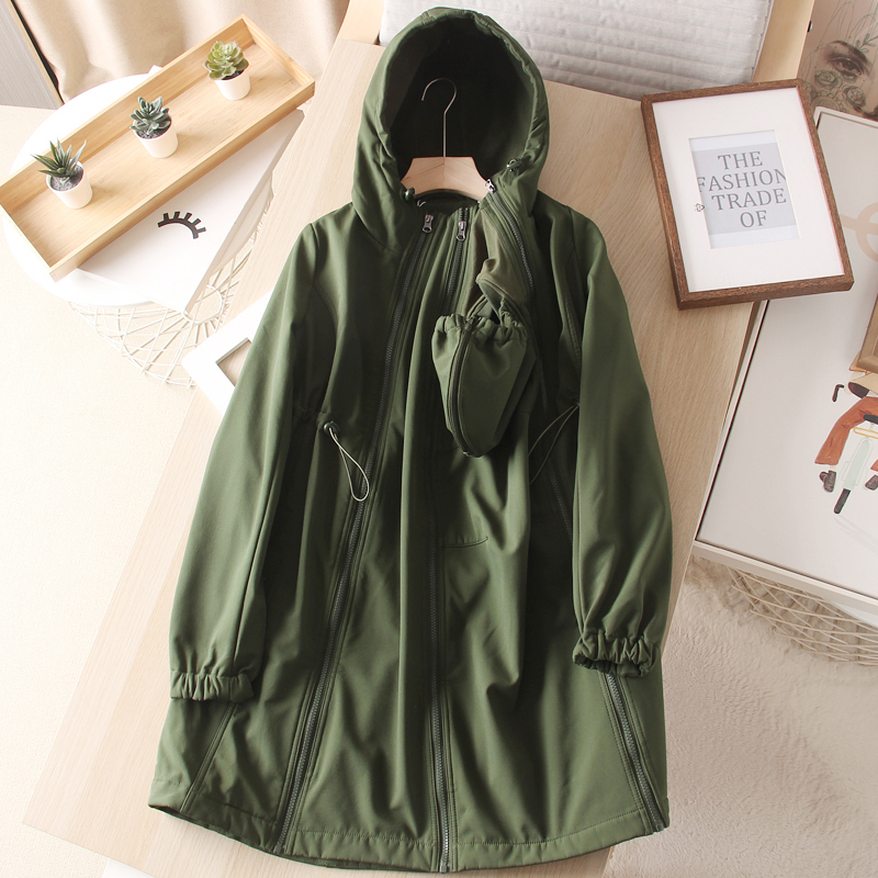 双拉链抽绳收腰中长款风衣