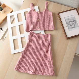 女装 套裙半身裙 弹力直领细吊带舒适短上衣弹力显瘦针织小香风时尚