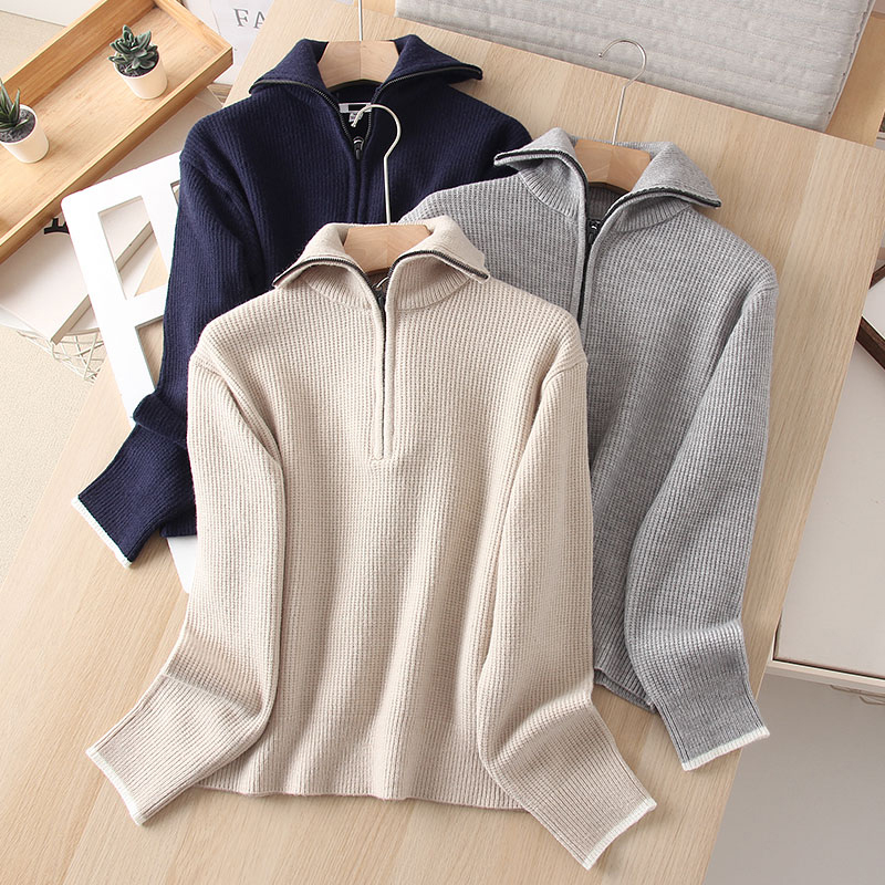 半拉链套头长袖针织衫毛衣女